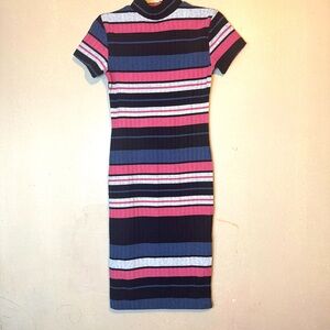 Rue21 pink and blue striped midi dress with a mock turtleneck and short sleeves